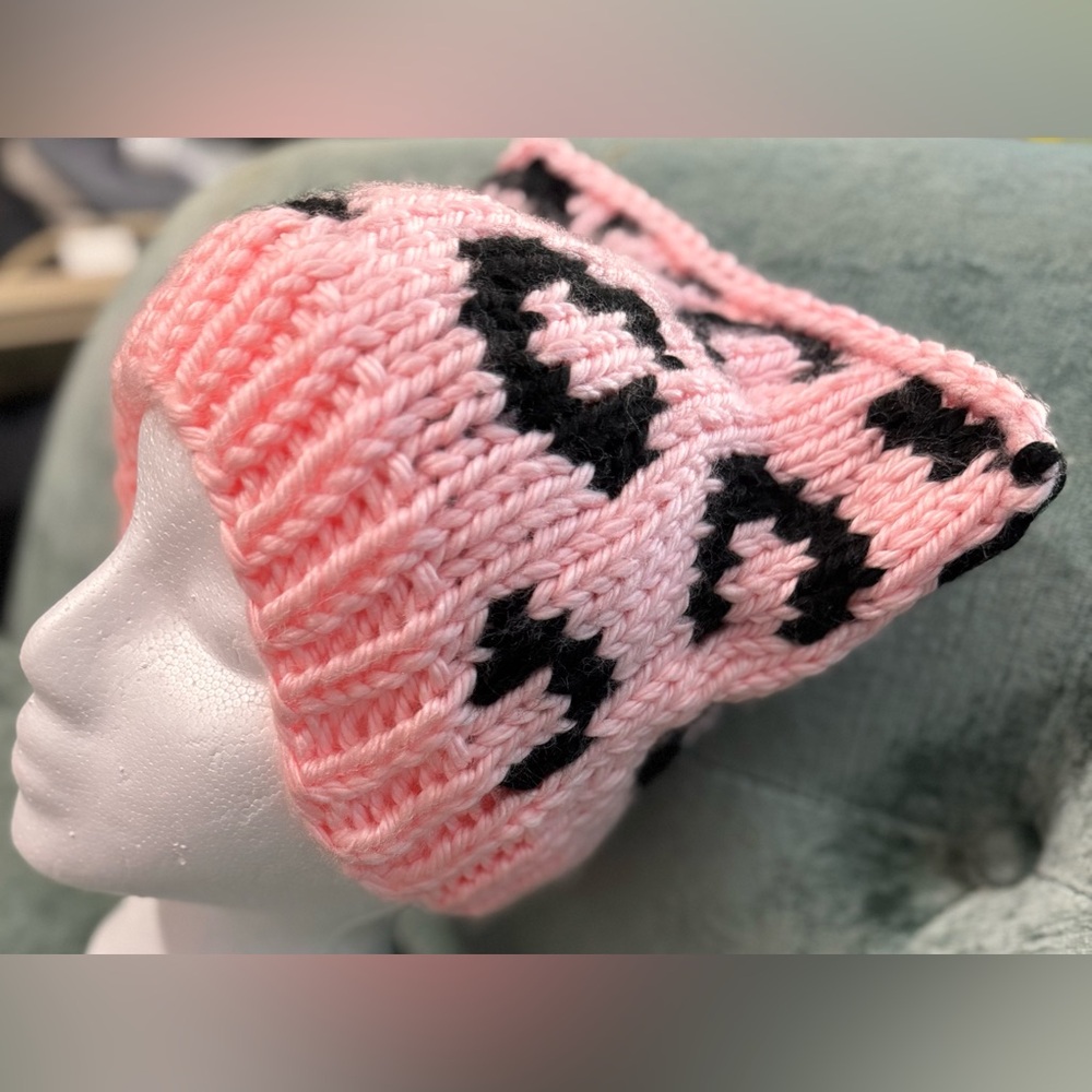 Handmade Hand Crafted Knit Leopard Print Cat Hat Pink and Black - Picture 6 of 11